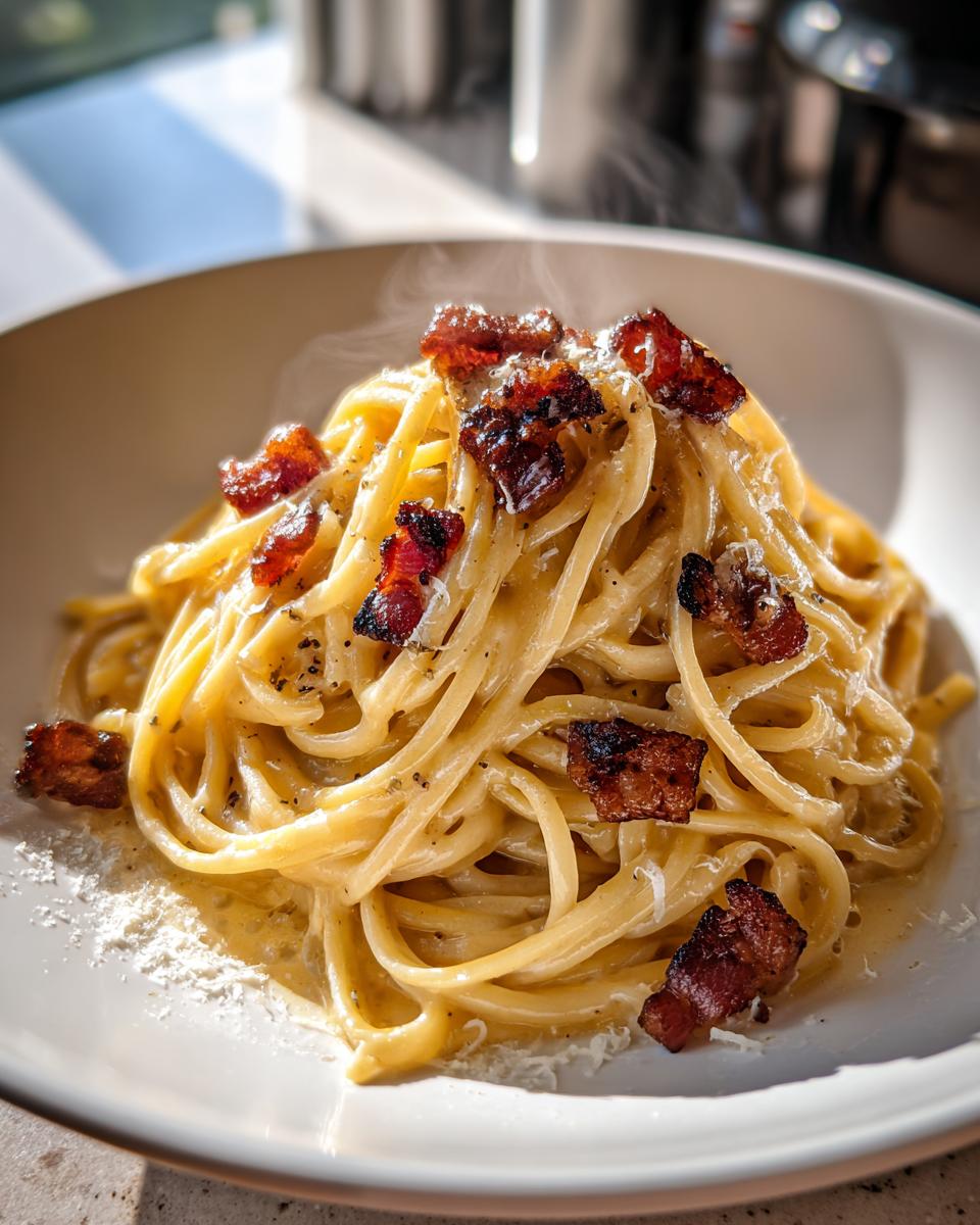 Nahaufnahme von dampfenden Bacon-Parmesan-Spaghetti mit knusprigem Speck und geriebenem Käse.