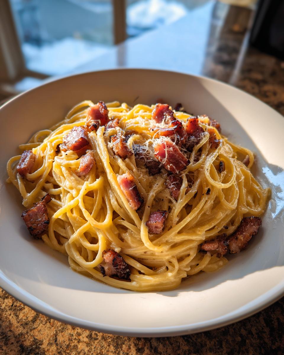 Nahaufnahme von cremigen Bacon-Parmesan-Spaghetti in einer weißen Schüssel, garniert mit knusprigem Speck.