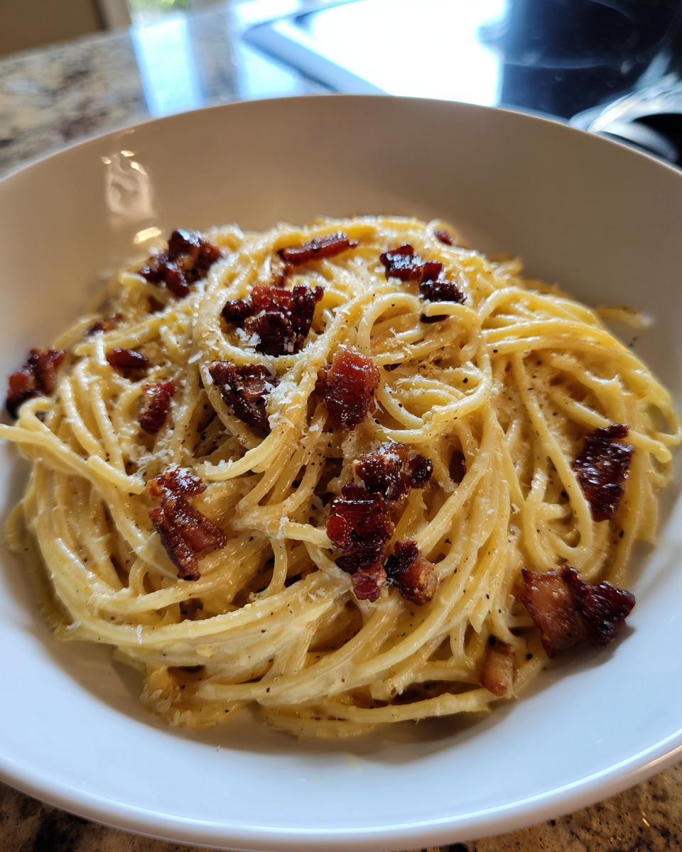 Nahaufnahme von cremigen Bacon-Parmesan-Spaghetti, garniert mit knusprigem Speck und geriebenem Käse.