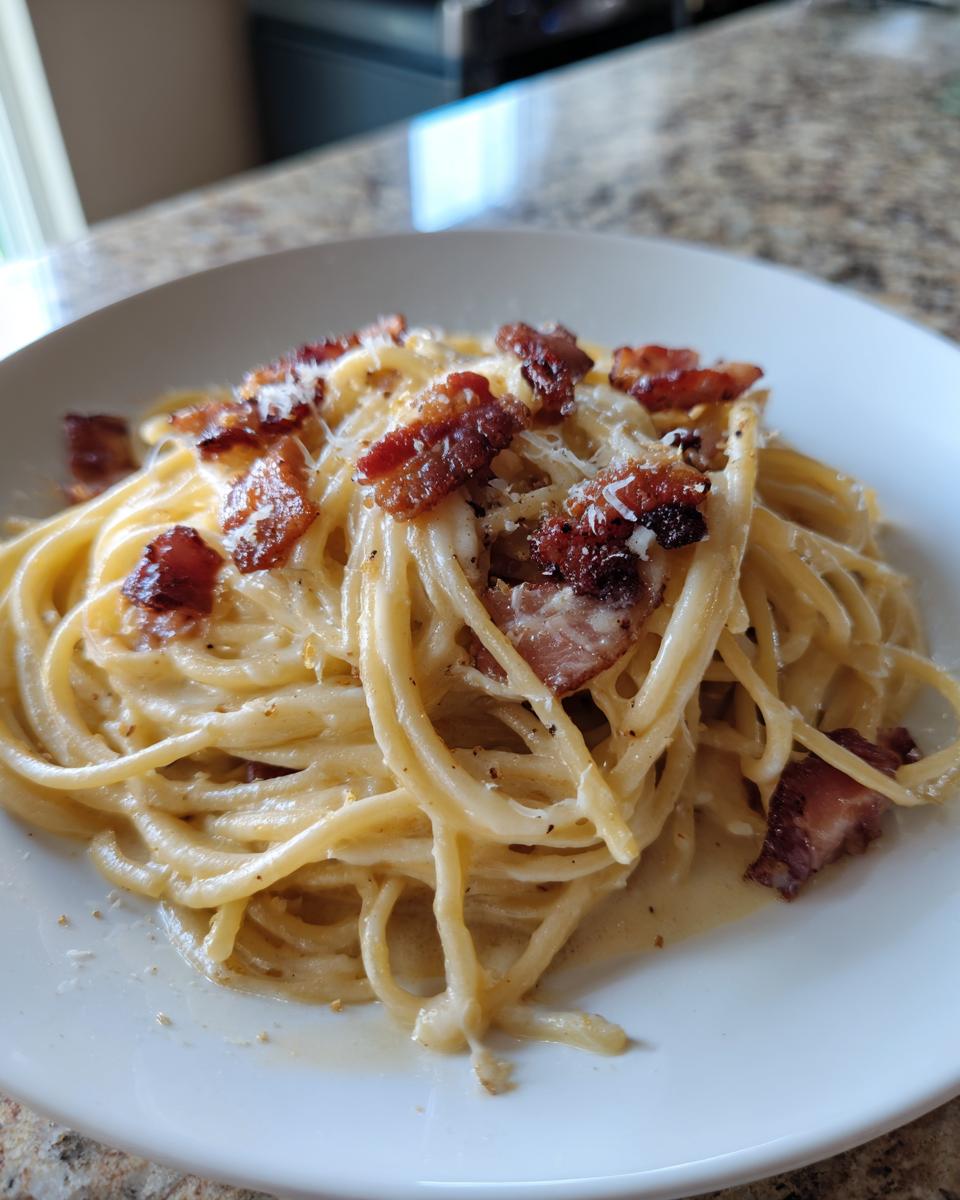 Nahaufnahme von cremigen Bacon-Parmesan-Spaghetti, garniert mit knusprigem Speck und geriebenem Käse.