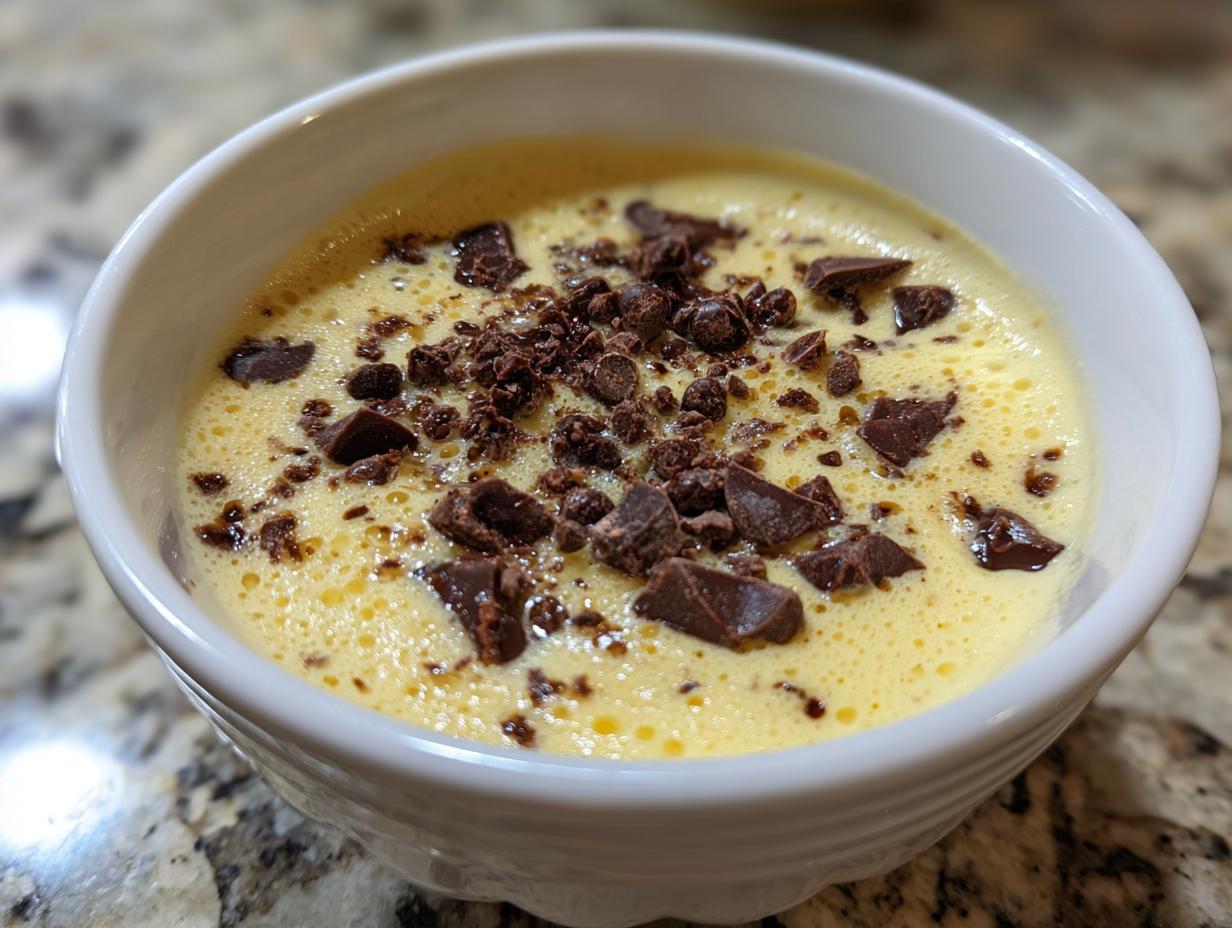 Nahaufnahme von cremigem Bananenquark mit Schokoladenstückchen obendrauf in einer weißen Schale.