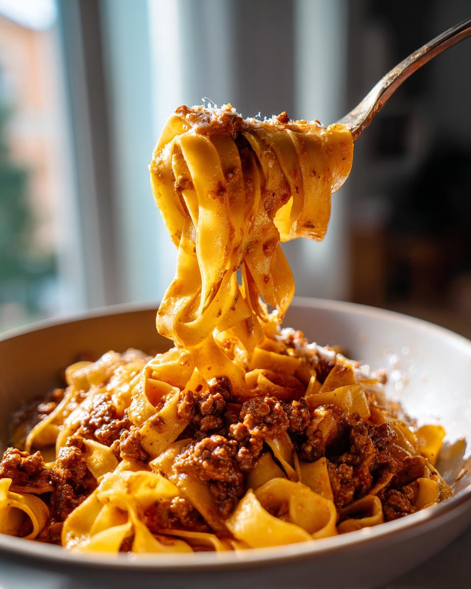 Nahaufnahme von Bandnudeln mit Hackfleisch und Frischkäse, die von einer Gabel hochgezogen werden.