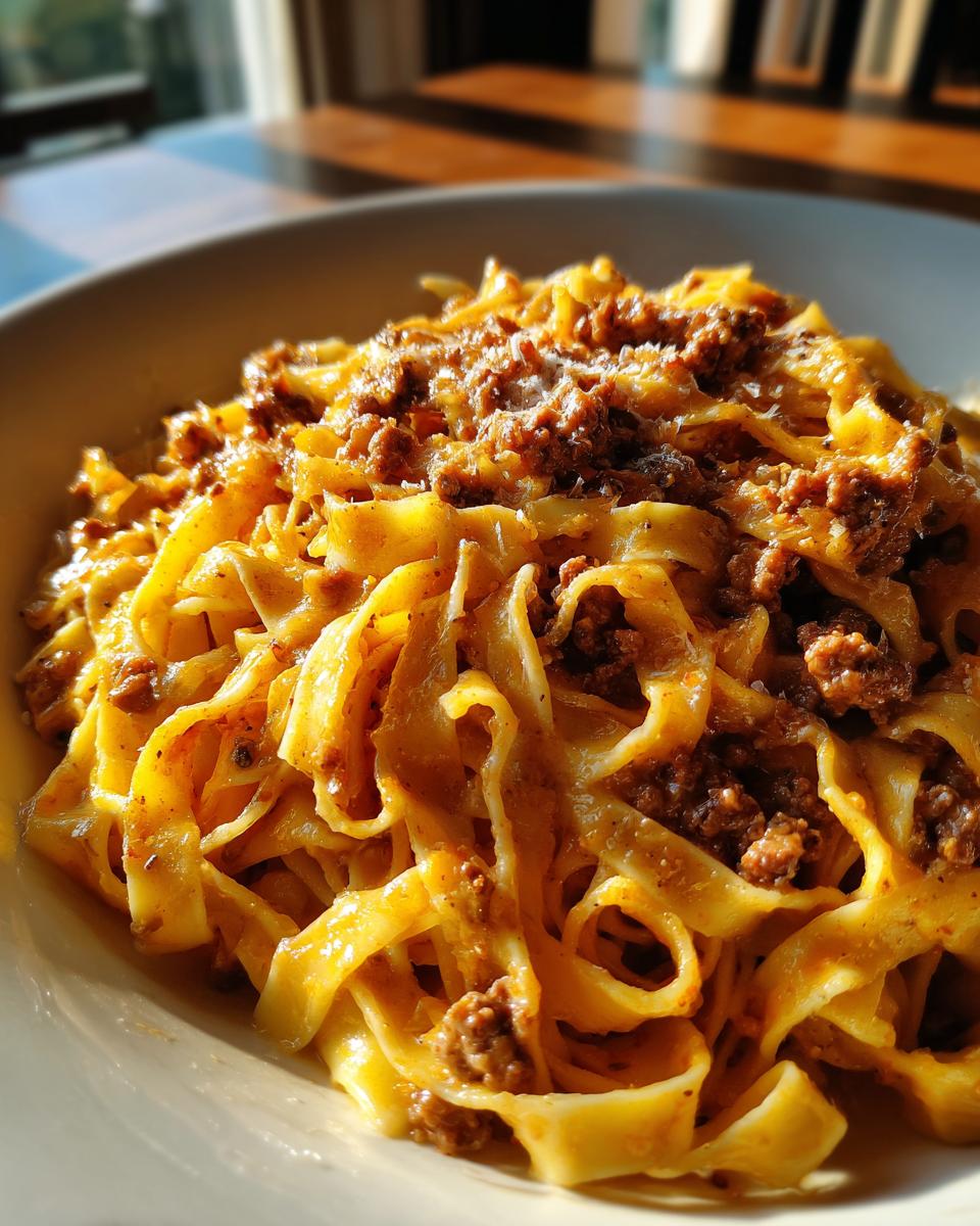 Nahaufnahme von cremigen Bandnudeln mit Hackfleisch und Frischkäse, bestreut mit Parmesan.