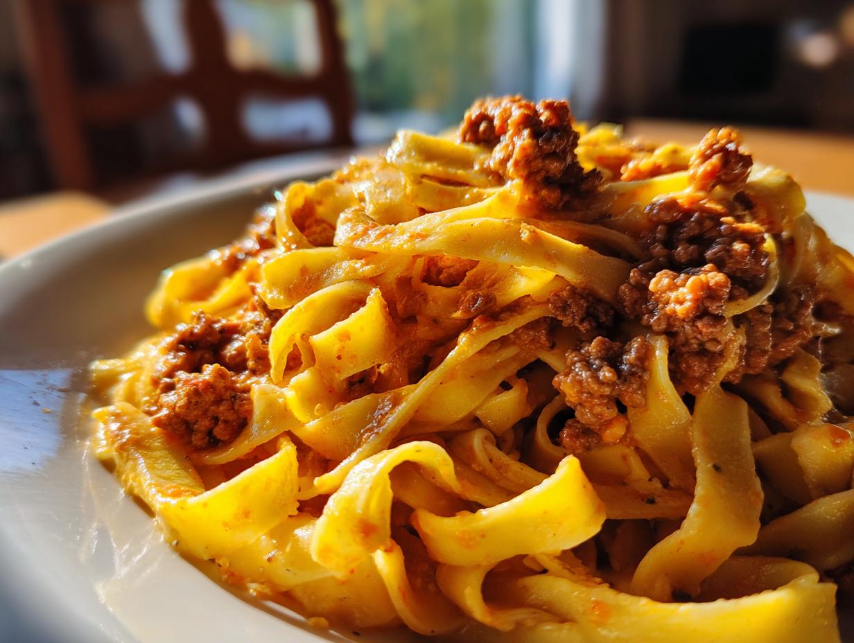 Nahaufnahme von leuchtend gelben Bandnudeln mit einer cremigen Hackfleischsauce, das Gericht heißt Bandnudeln mit Hackfleisch und Frischkäse.