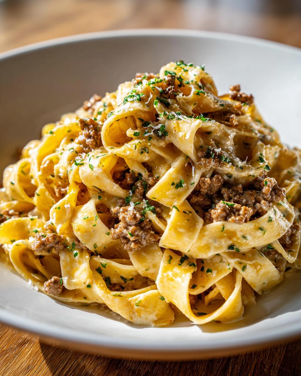 Eine appetitliche Portion Bandnudeln mit Hackfleisch in Kräuterrahm, bestreut mit frischer Petersilie.