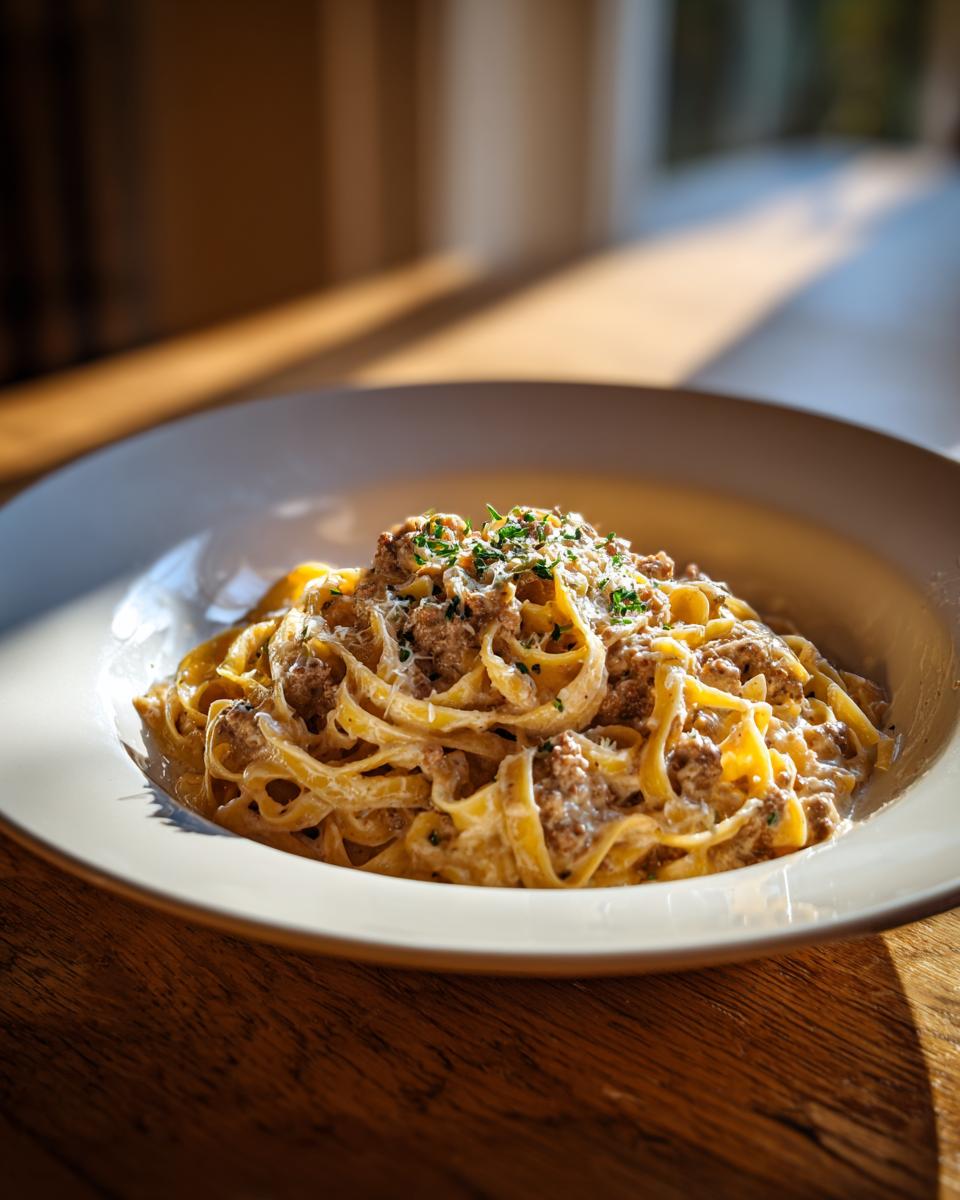 Teller mit cremigen Bandnudeln mit Hackfleisch in Parmesan-Sahne, garniert mit Petersilie.