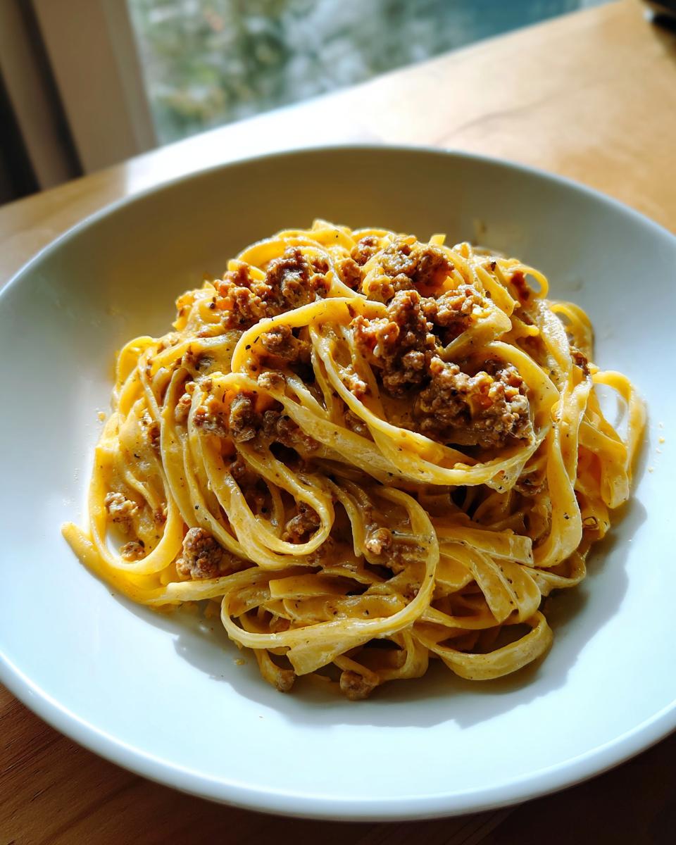 Teller mit cremigen Bandnudeln mit Hackfleisch in Parmesan-Sahne, appetitlich angerichtet.