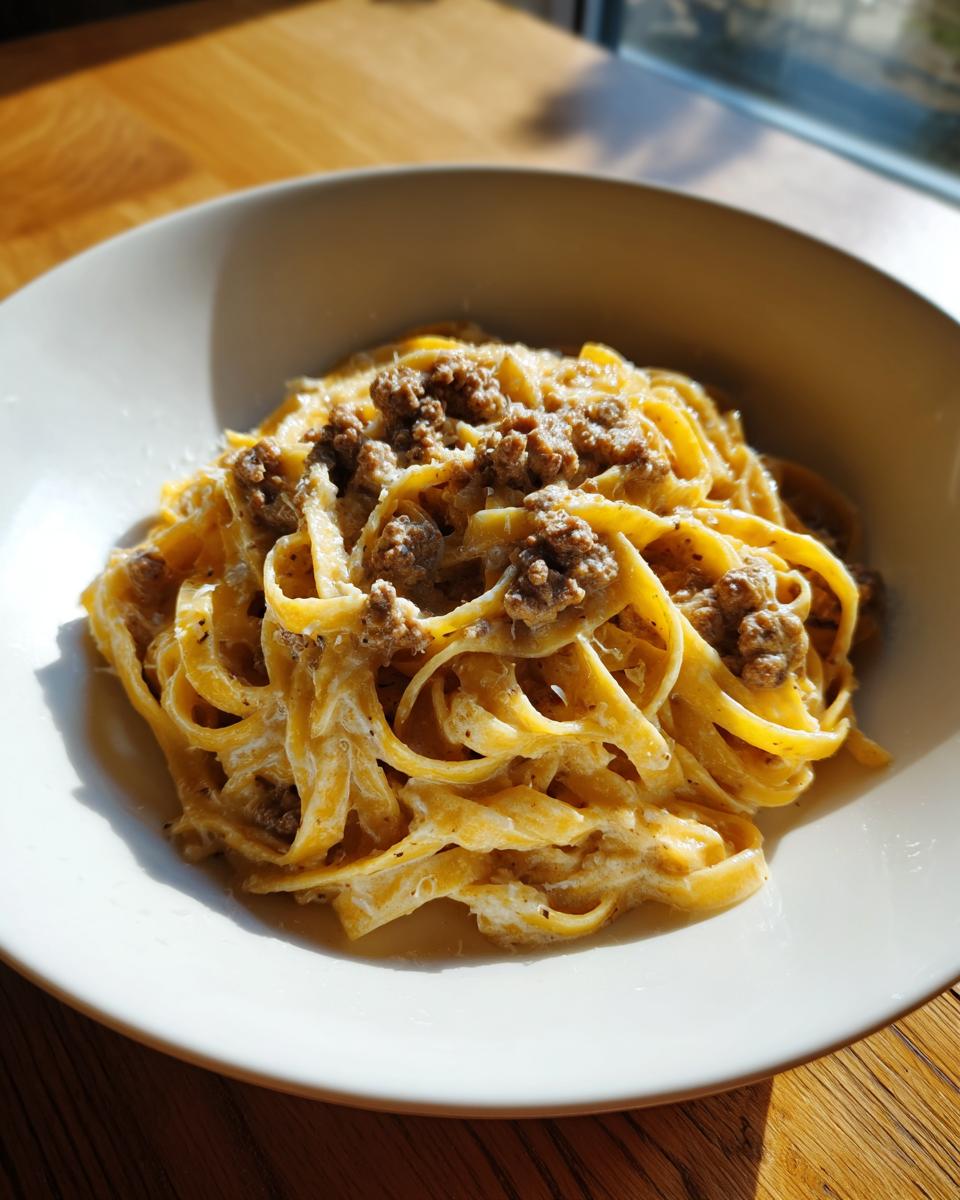 Nahaufnahme von cremigen Bandnudeln mit Hackfleisch in einer weißen Schüssel, garniert mit Parmesan.