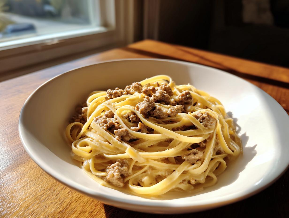 Ein Teller Bandnudeln mit Hackfleisch in cremiger Parmesan-Sahne, schön angerichtet im warmen Fensterlicht.