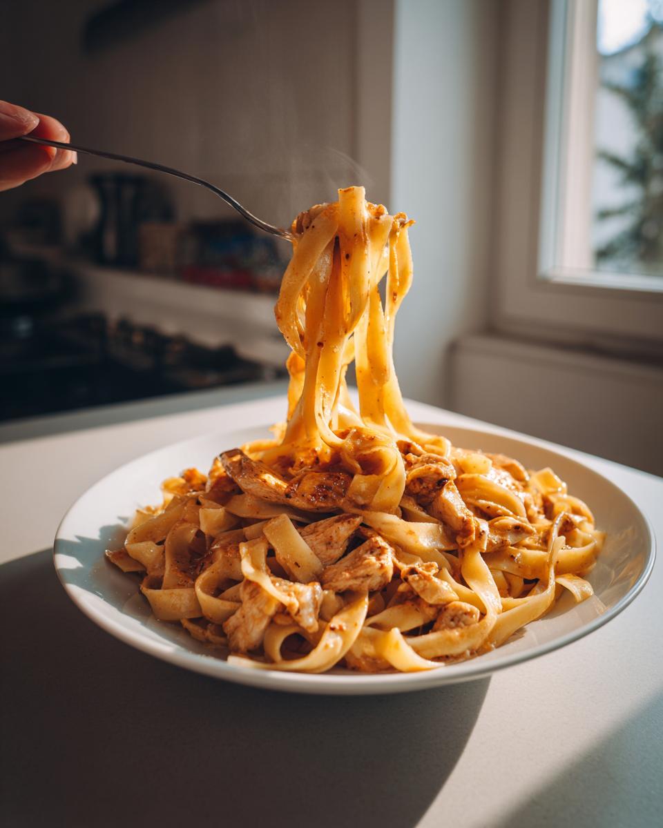 Eine Gabel voller dampfender Bandnudeln mit Hähnchen und cremiger Sauce wird hochgezogen.