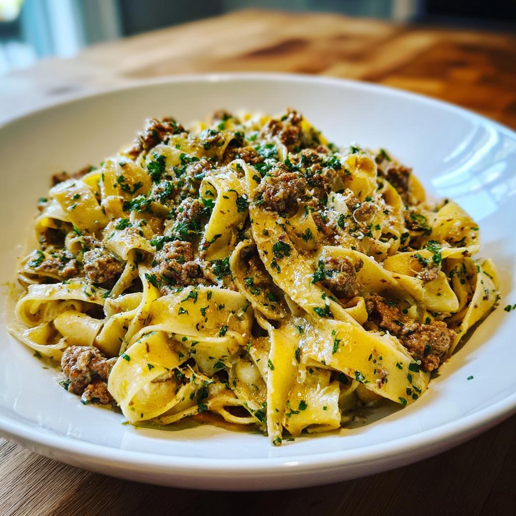 Teller mit cremigen Bandnudeln mit Hackfleisch in Kräuterrahm, bestreut mit Petersilie.
