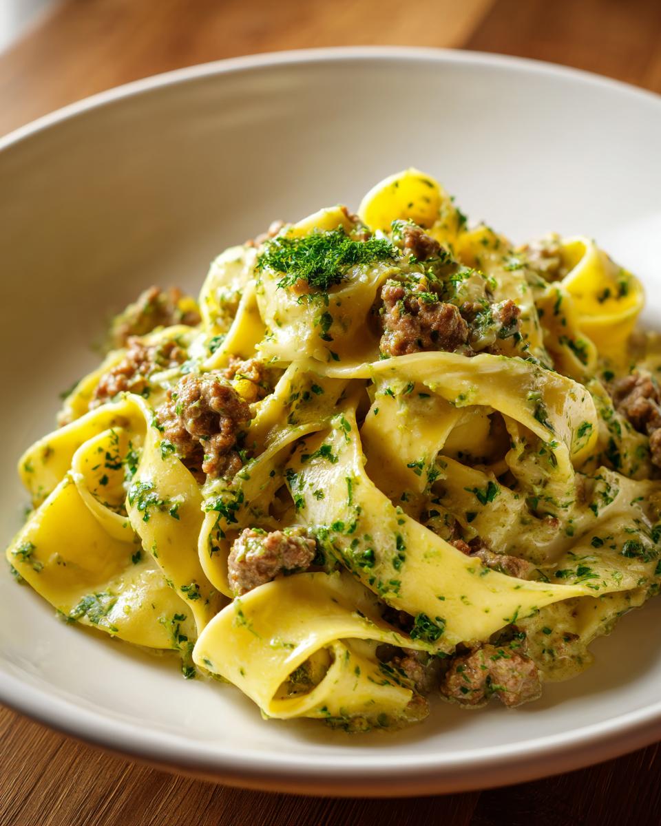 Nahaufnahme von Bandnudeln mit Hackfleisch in cremiger Kräuterrahmsoße, garniert mit frischer Petersilie.
