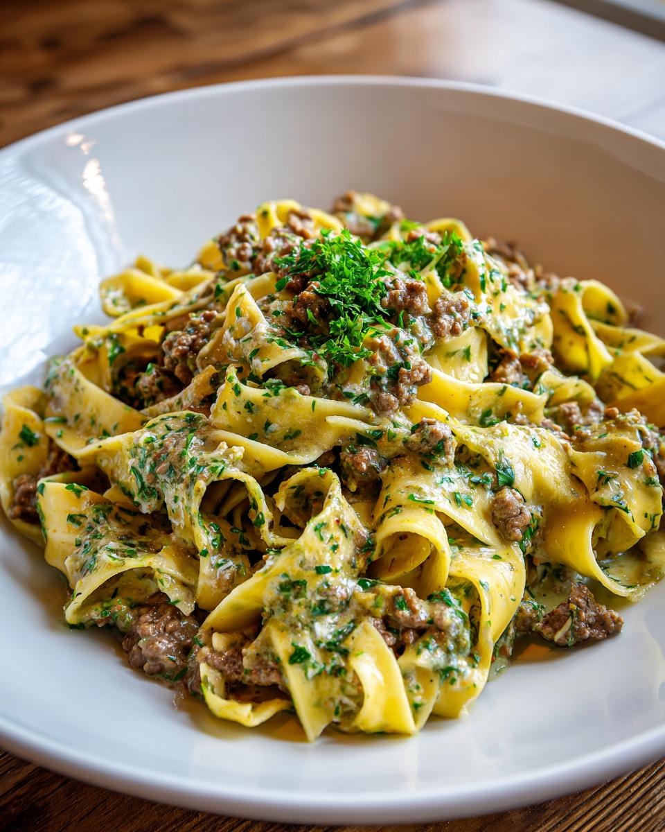 Teller mit cremigen Bandnudeln mit Hackfleisch in Kräuterrahm, garniert mit frischer Petersilie.