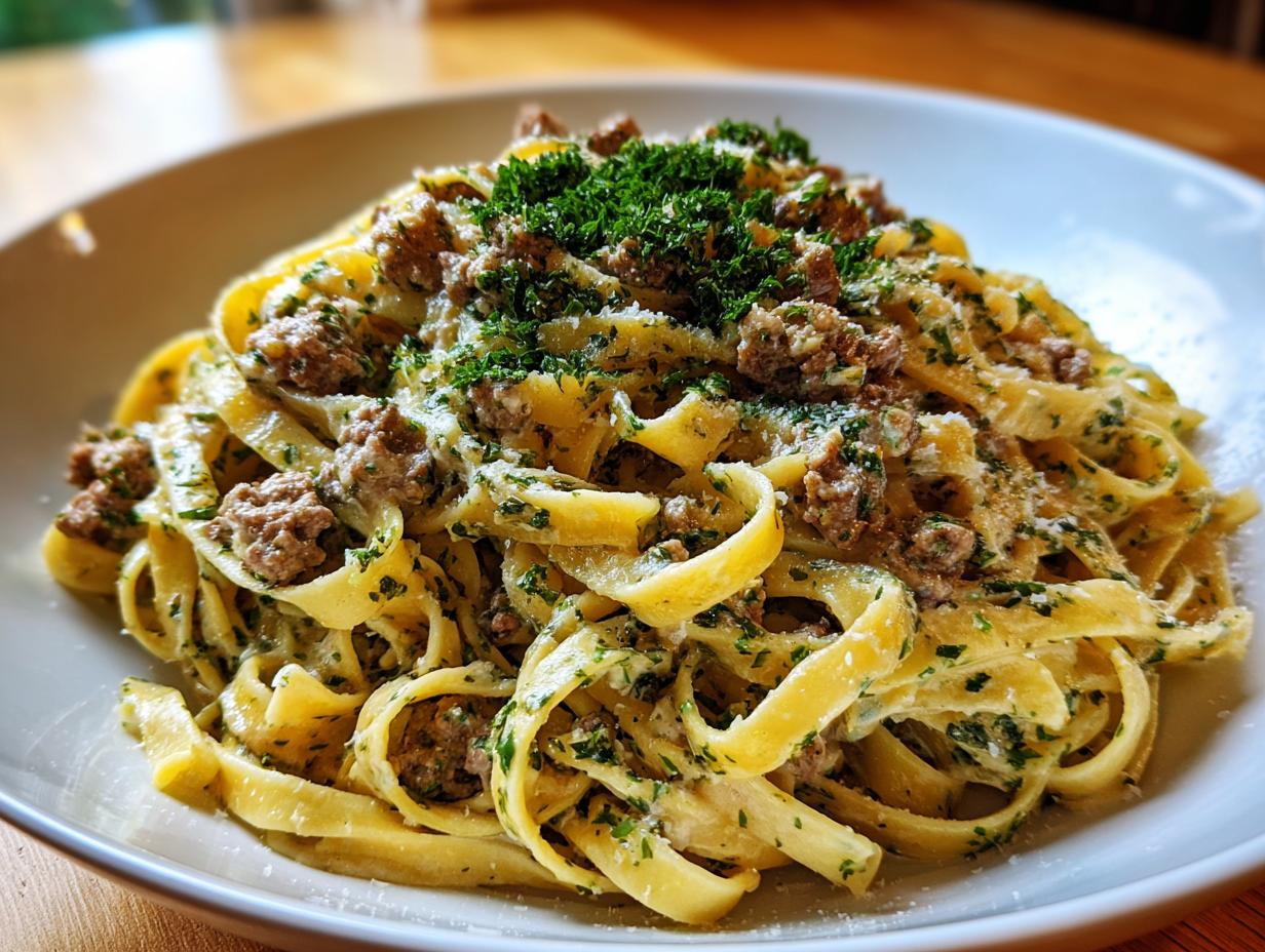 Nahaufnahme von Bandnudeln mit Hackfleisch in Kräuterrahm, garniert mit frischer Petersilie.