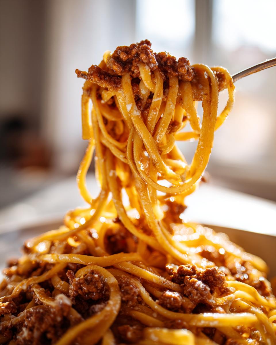 Nahaufnahme von Bandnudeln mit Hackfleisch und Frischkäse, die gerade mit einer Gabel hochgezogen werden.