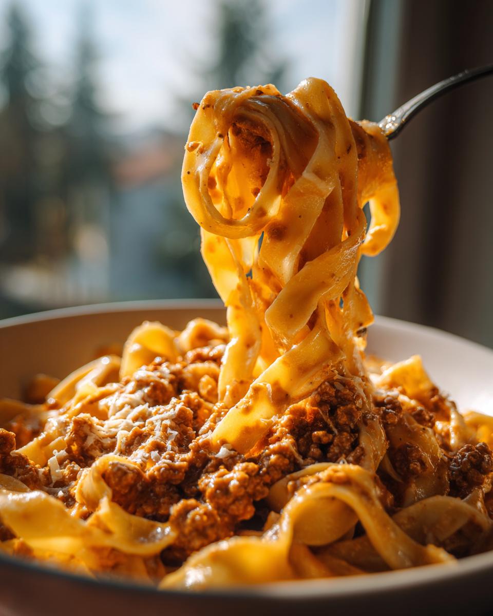 Nahaufnahme von Bandnudeln mit Hackfleisch und Frischkäse, die gerade mit einer Gabel hochgezogen werden.