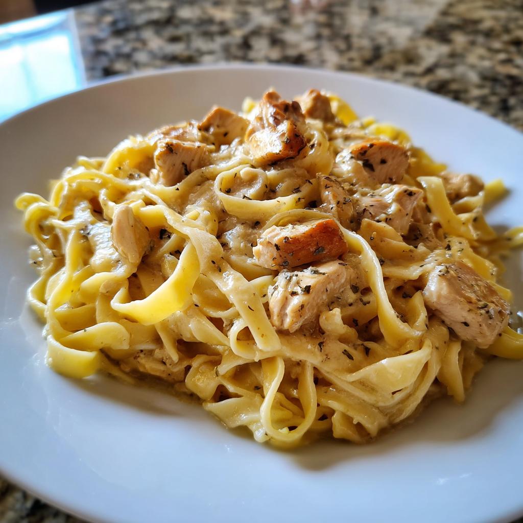 Teller mit cremigen Bandnudeln mit Hähnchenstücken und Kräutern – das perfekte Gericht.
