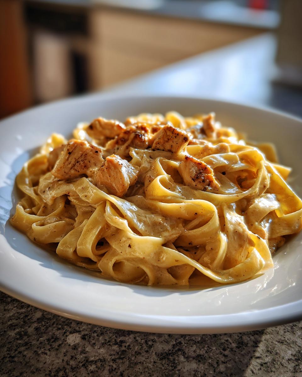 Teller mit cremigen Bandnudeln mit Hähnchen und Schmelzkäse, appetitlich angerichtet.