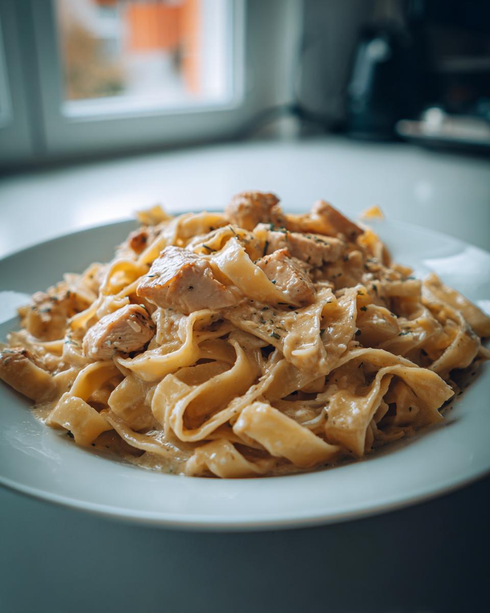 Nahaufnahme von cremigen Bandnudeln mit Hähnchenstücken in einer Schmelzkäsesauce, angerichtet auf einem weißen Teller.
