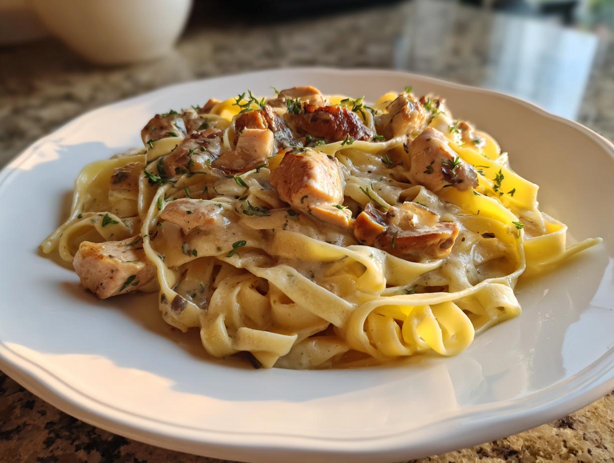 Teller mit cremigen Bandnudeln mit Hähnchenstücken und Pilzen, garniert mit frischen Kräutern.