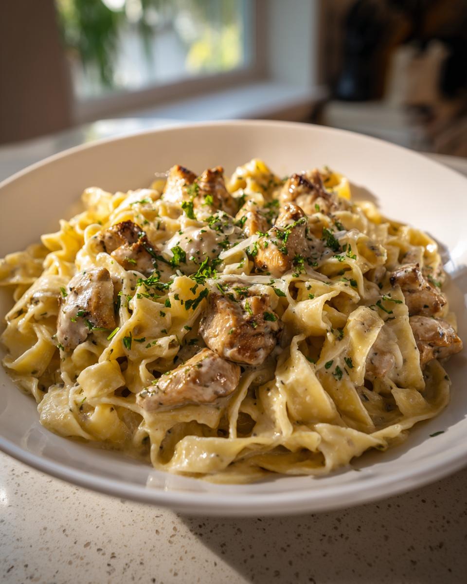 Teller mit Bandnudeln mit Hähnchen und Schmelzkäse, garniert mit Petersilie, im warmen Licht.