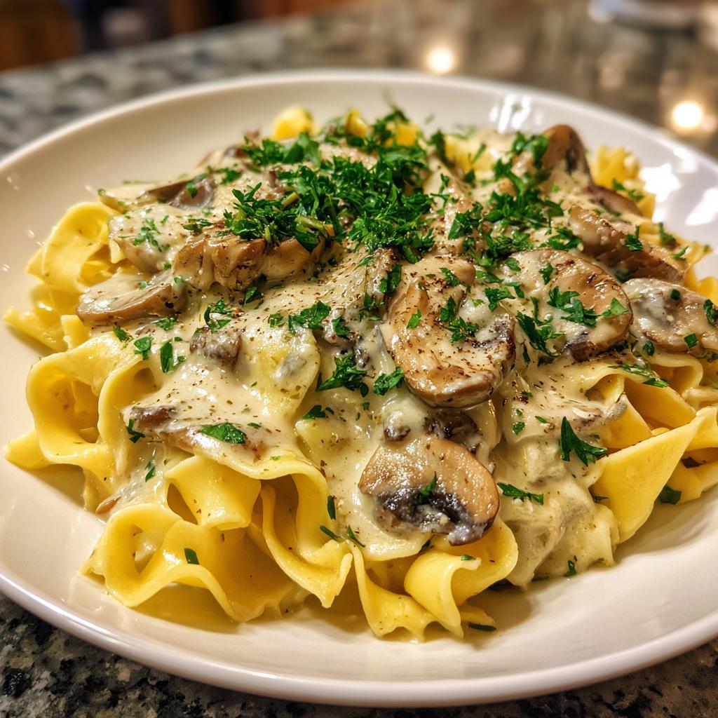 Nahaufnahme von cremigen Bandnudeln mit Pilzrahm, reichlich garniert mit frischer Petersilie.