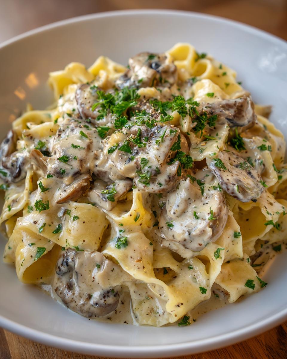 Nahaufnahme von cremigen Bandnudeln mit Pilzrahm, garniert mit frischer Petersilie und Pfeffer.