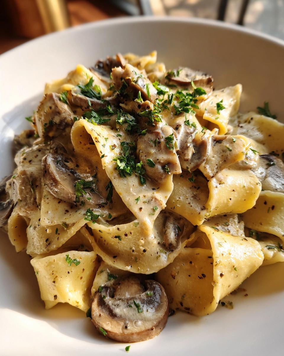 Nahaufnahme von cremigen Bandnudeln mit Pilzrahm und frischer Petersilie, appetitlich angerichtet.