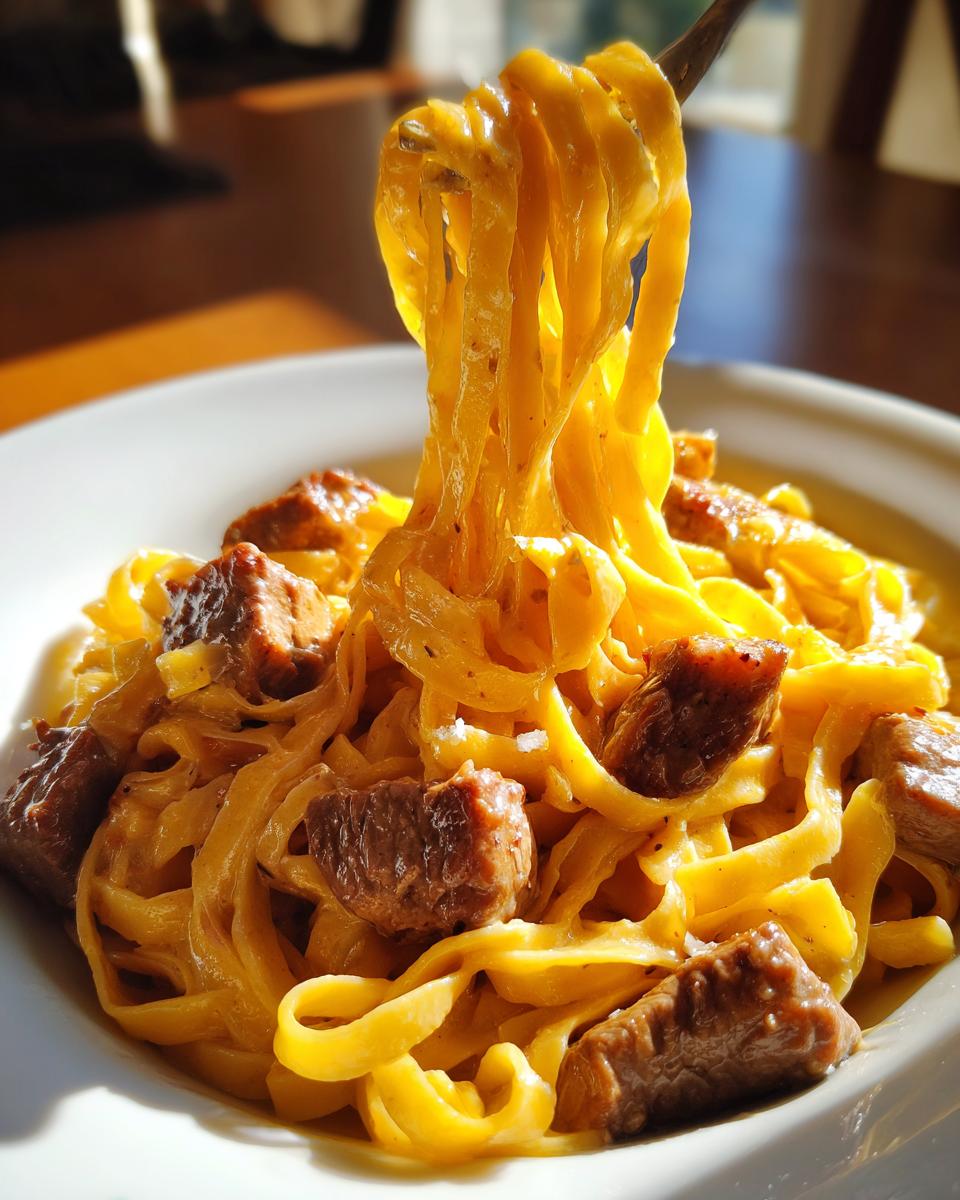 Eine Gabel voller Bandnudeln mit Rinderstreifen in cremiger Parmesanrahmsoße wird hochgezogen.