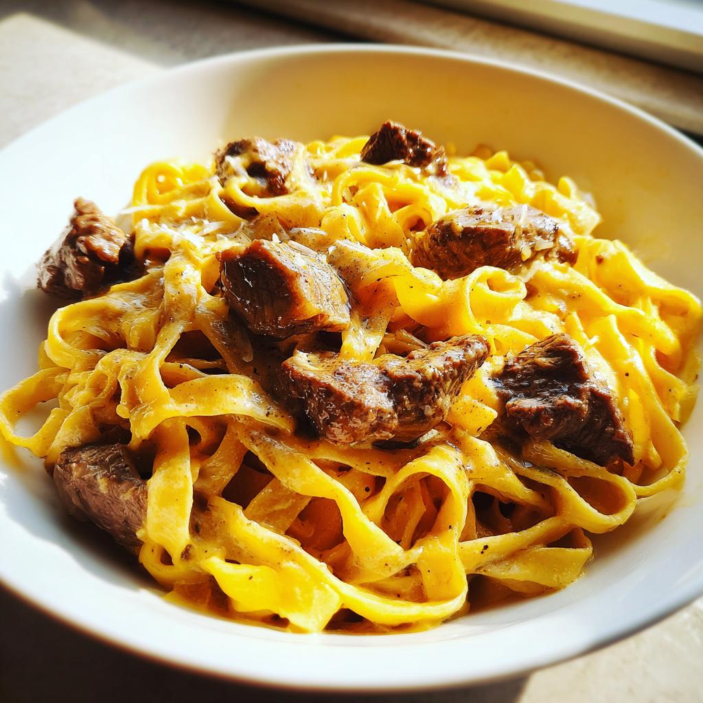 Nahaufnahme von leckeren Bandnudeln mit Rinderstreifen in cremiger Parmesanrahmsoße in einer weißen Schüssel.