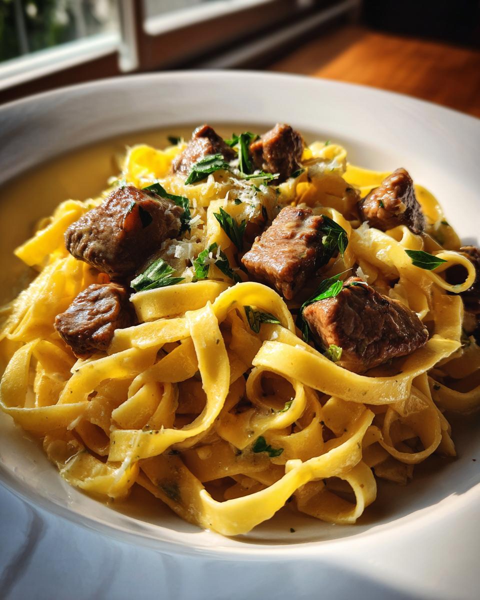 Nahaufnahme von Bandnudeln mit saftigen Rinderstreifen in cremiger Parmesanrahmsoße, garniert mit Petersilie.