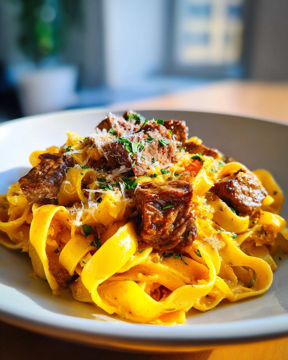 Nahaufnahme von leuchtend gelben Bandnudeln mit saftigen Rinderstreifen und Parmesan, das Gericht heißt Bandnudeln mit Rinderstreifen in Parmesanrahm.