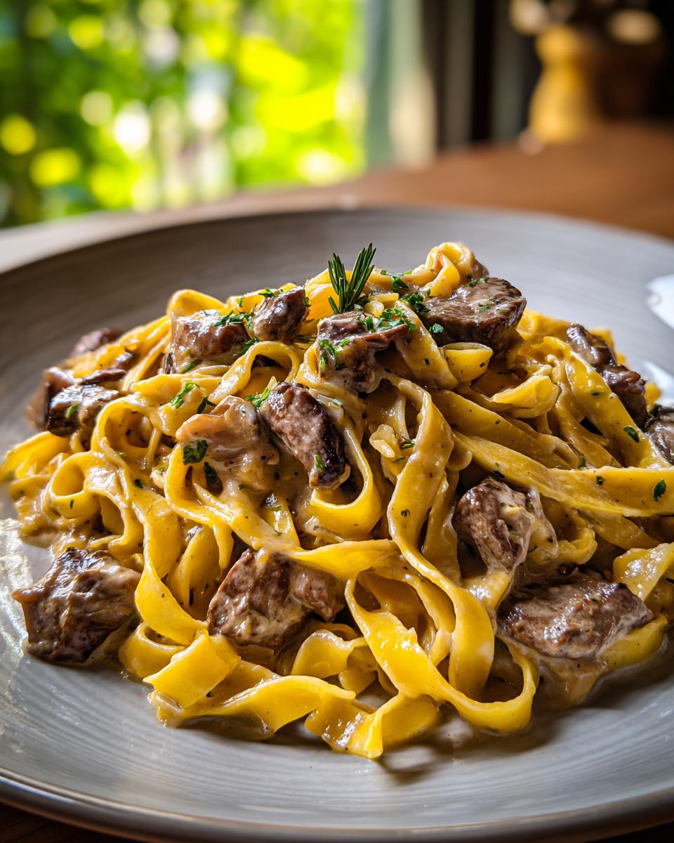 Teller mit cremigen Bandnudeln mit Rinderstreifen in Parmesanrahm, garniert mit Rosmarin.