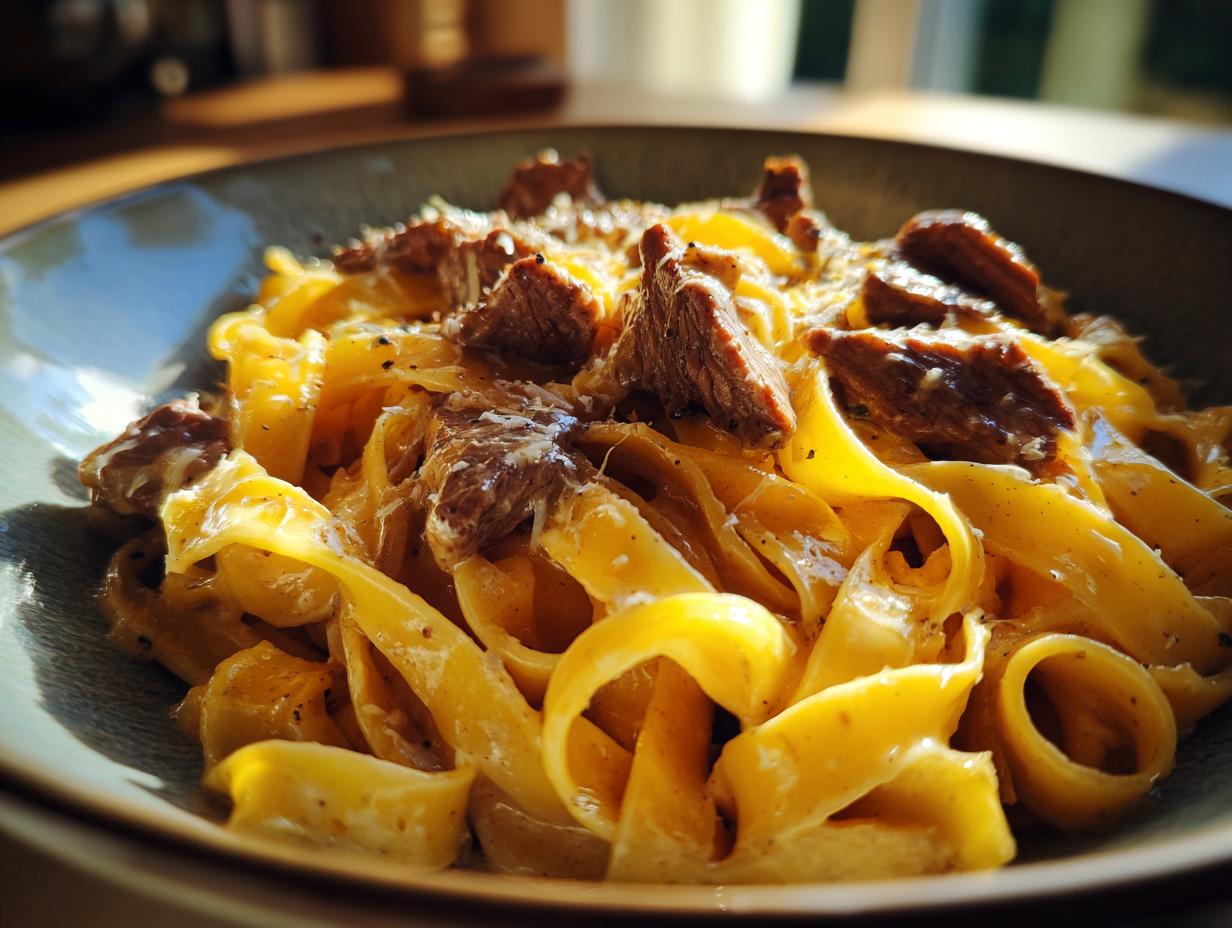 Nahaufnahme von leckeren Bandnudeln mit Rinderstreifen in cremiger Parmesanrahmsoße, bestreut mit geriebenem Käse.