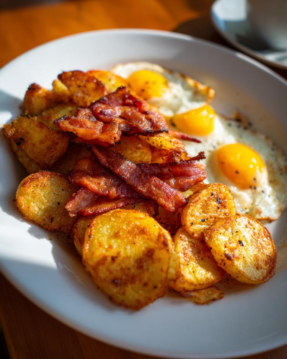 Teller mit knusprigen Bratkartoffeln, knusprigem Speck und Spiegeleiern – das perfekte Bauernfrühstück mit Speck und Ei.