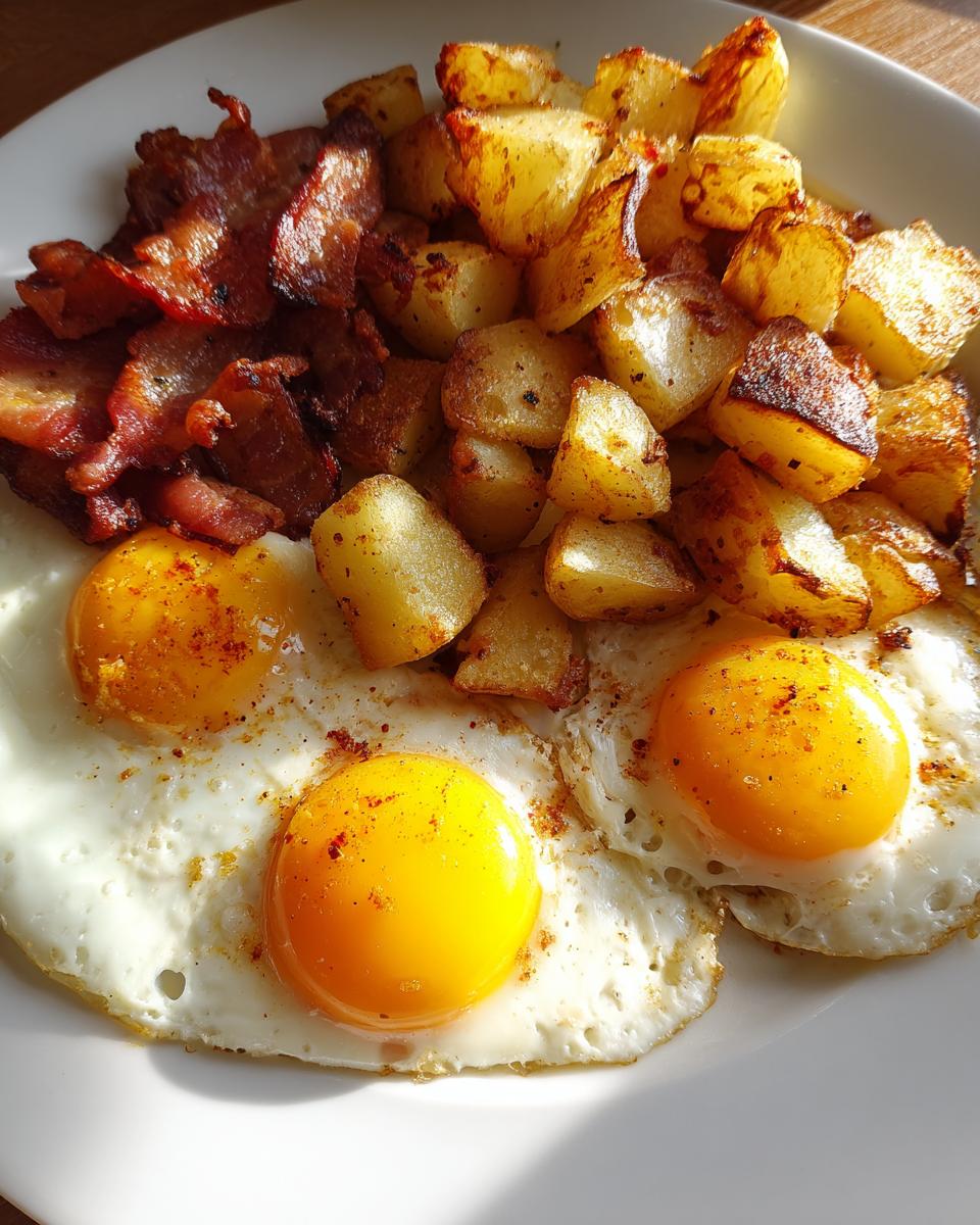 Teller mit goldbraun gebratenen Kartoffeln, knusprigem Speck und zwei Spiegeleiern – das beste Bauernfrühstück mit Speck und Ei.