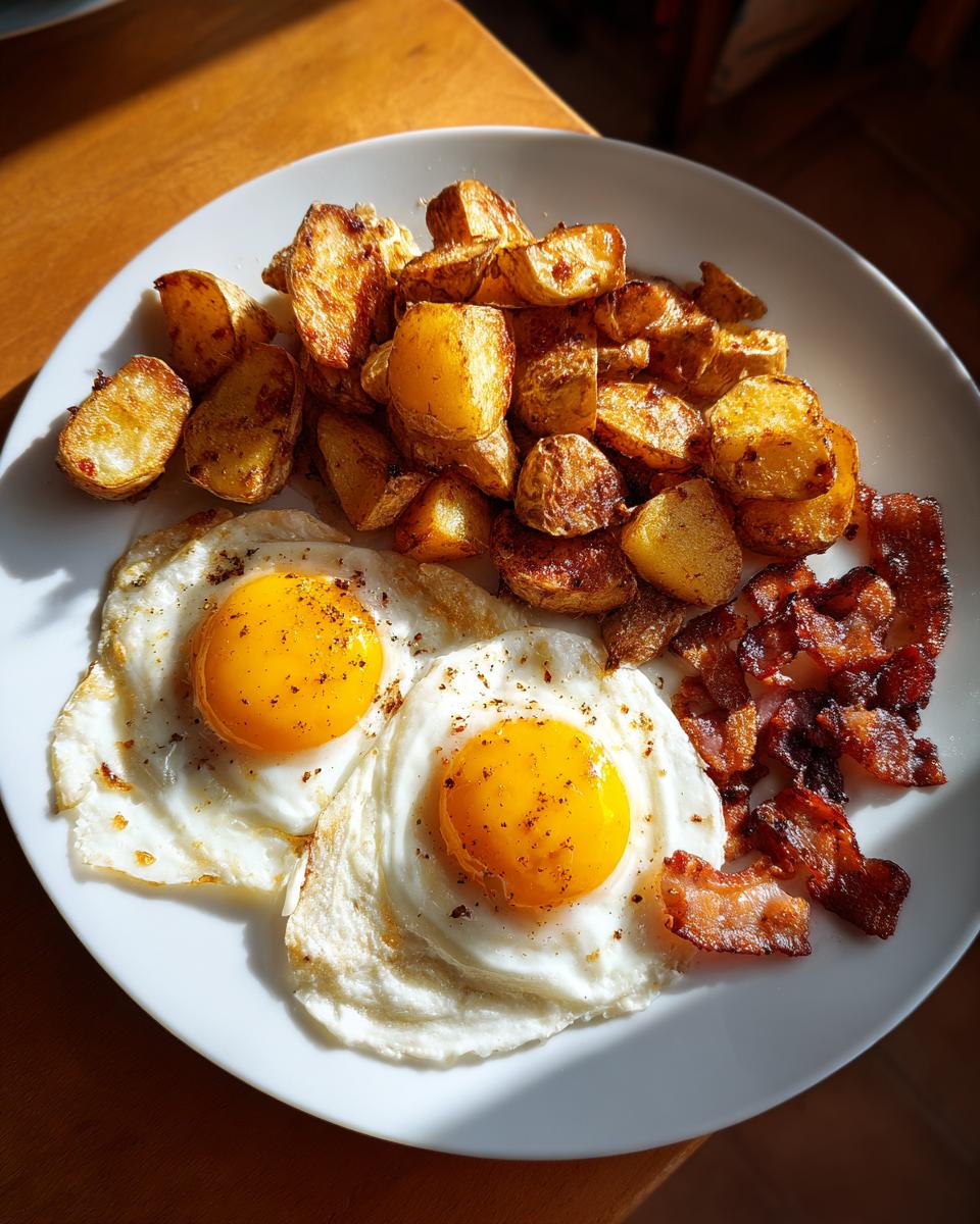 Nahaufnahme eines Teller mit Bauernfrühstück: zwei Spiegeleier, knusprige Bratkartoffeln und gebratener Speck.