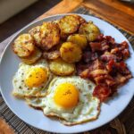 Nahaufnahme eines Teller mit Bauernfrühstück mit Speck und Ei, Bratkartoffeln und zwei Spiegeleiern.