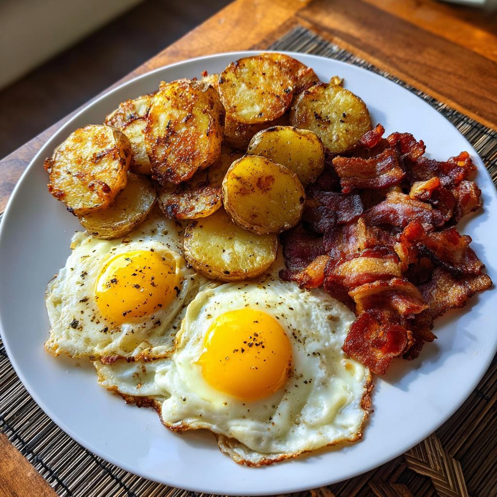 Nahaufnahme eines Teller mit Bauernfrühstück mit Speck und Ei, Bratkartoffeln und zwei Spiegeleiern.