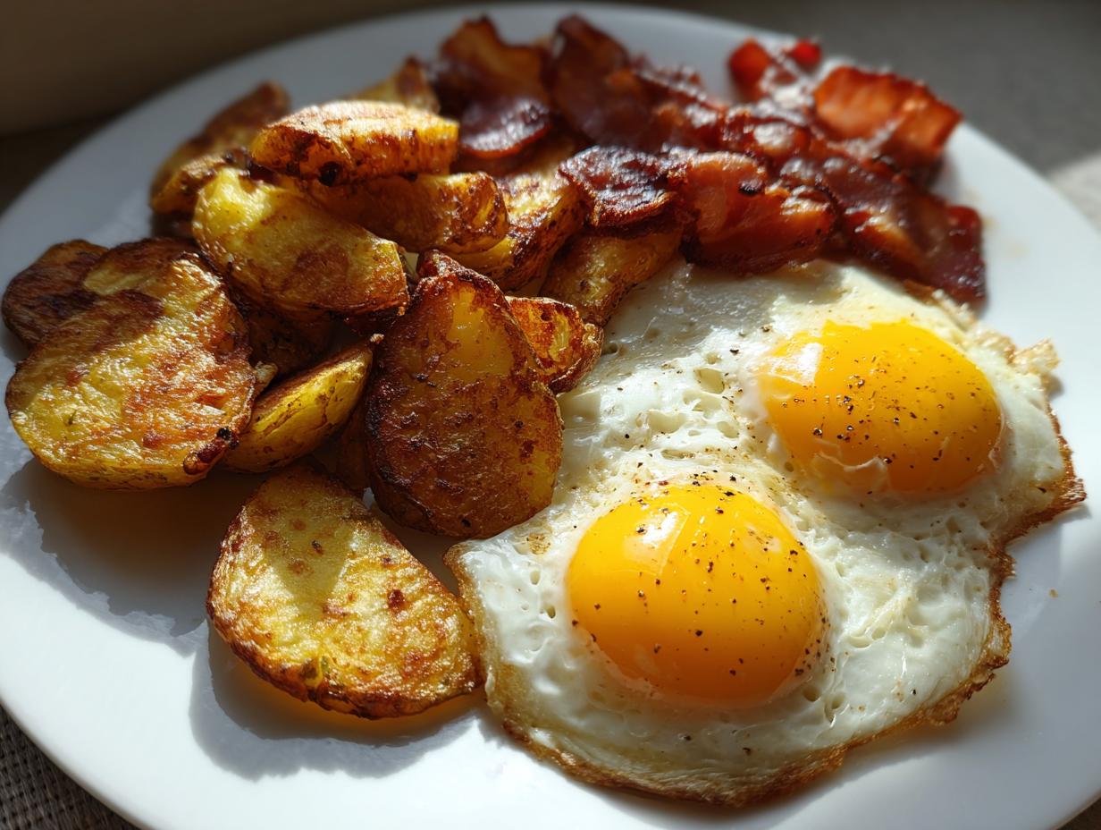 Nahaufnahme von goldbraun gebratenen Kartoffeln, knusprigem Speck und zwei Spiegeleiern – das beste Bauernfrühstück mit Speck und Ei.