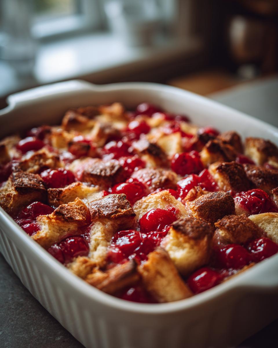 Nahaufnahme eines frisch gebackenen Kirschmichels mit goldbraunen Brotwürfeln und leuchtend roten Kirschen in einer weißen Auflaufform.