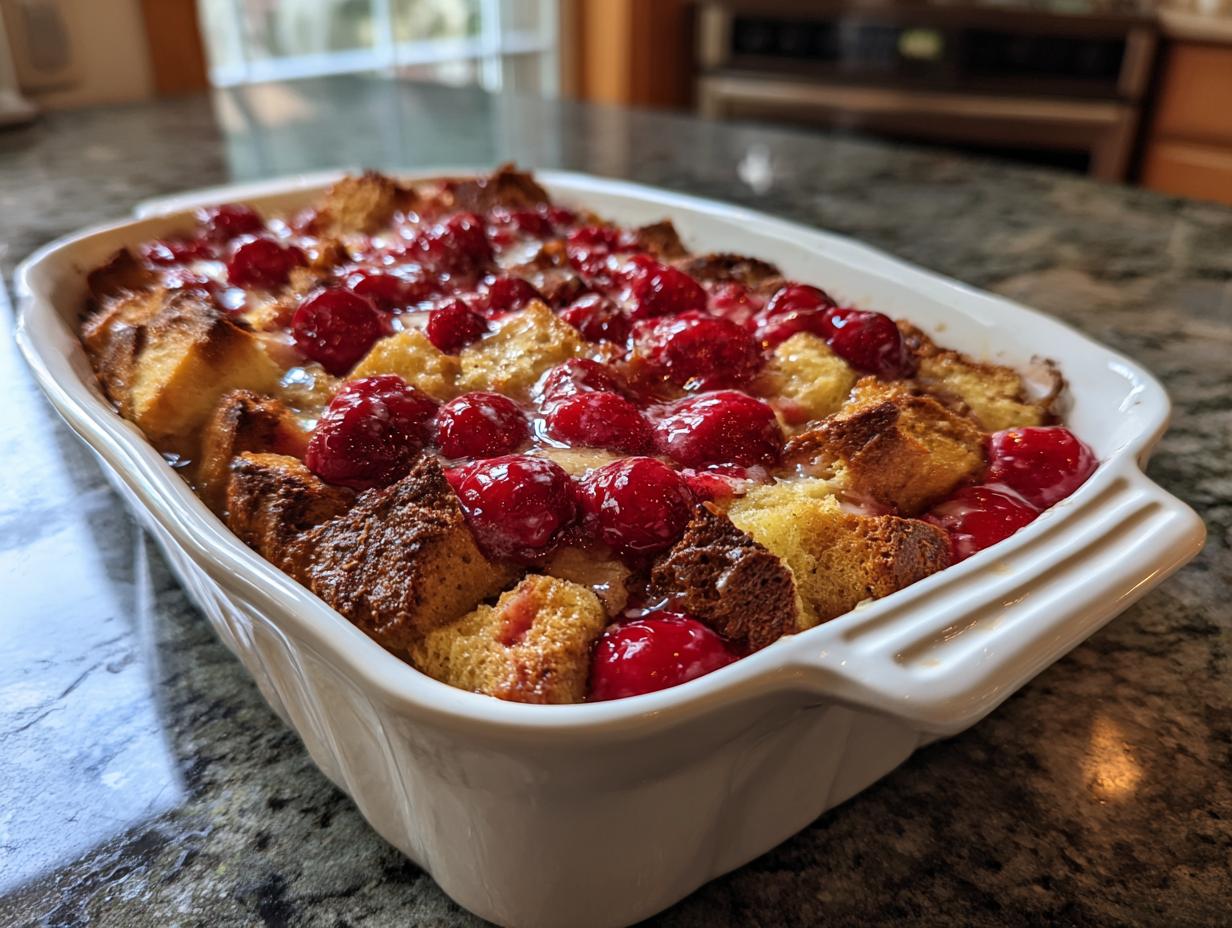 Ein frisch gebackener Kirschmichel mit saftigen Kirschen in einer weißen Auflaufform auf einer dunklen Arbeitsplatte.