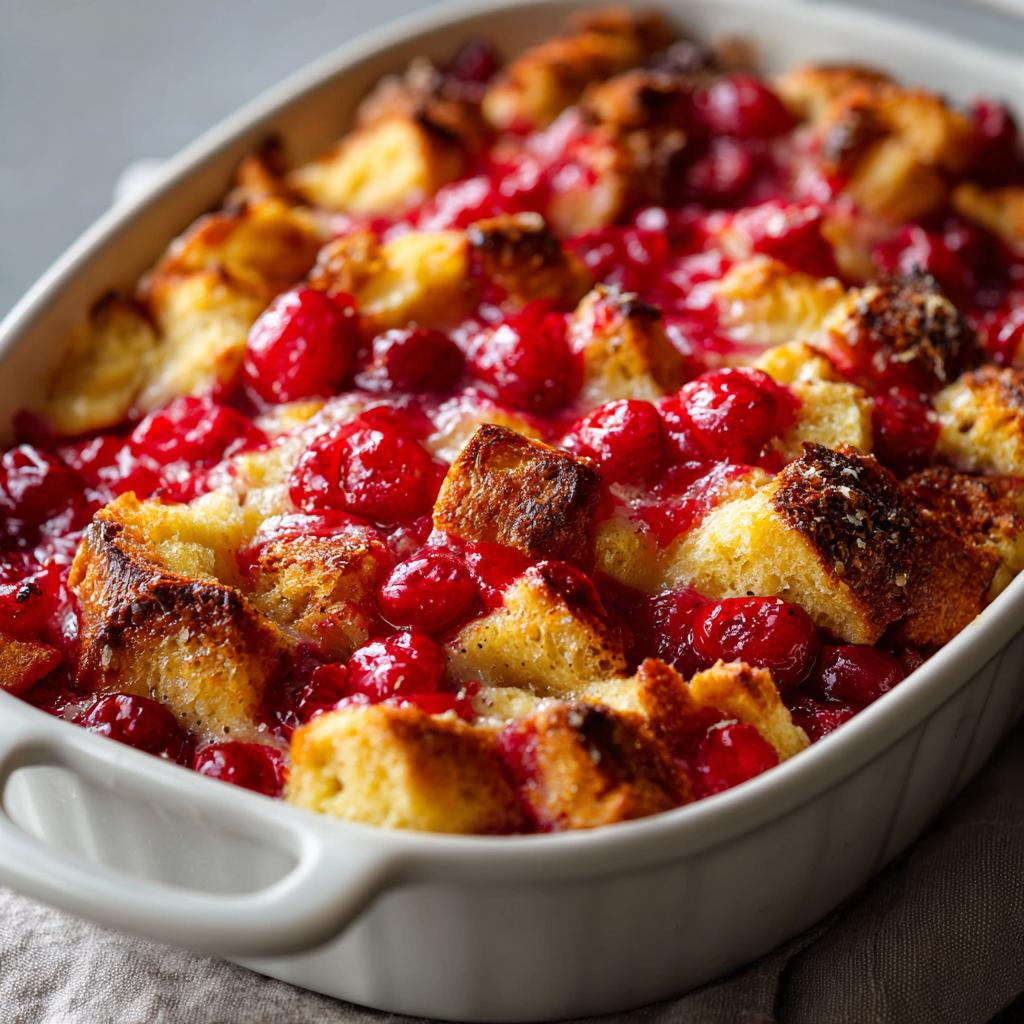 Nahaufnahme des besten Kirschmichels mit saftigen Kirschen und goldbraun gebackenen Brotwürfeln.