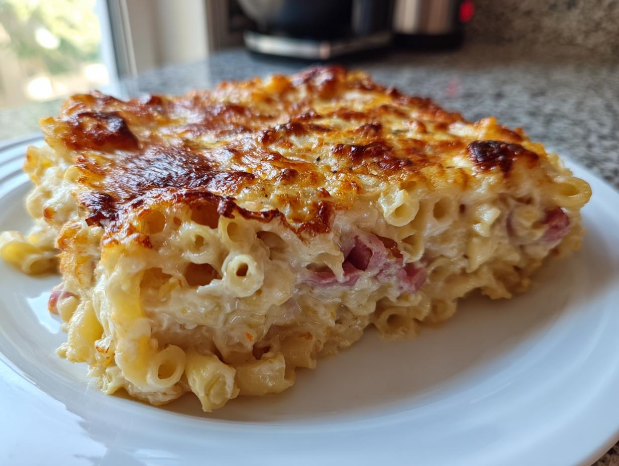 Nahaufnahme eines cremigen Stücks Nudelauflauf mit Schinken und Sahne mit goldbraun überbackener Käsekruste.