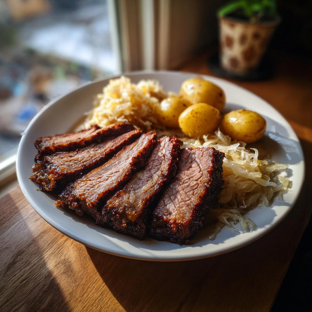Teller mit saftig geschnittenem Geselchtes, dazu Sauerkraut und kleinen Salzkartoffeln.