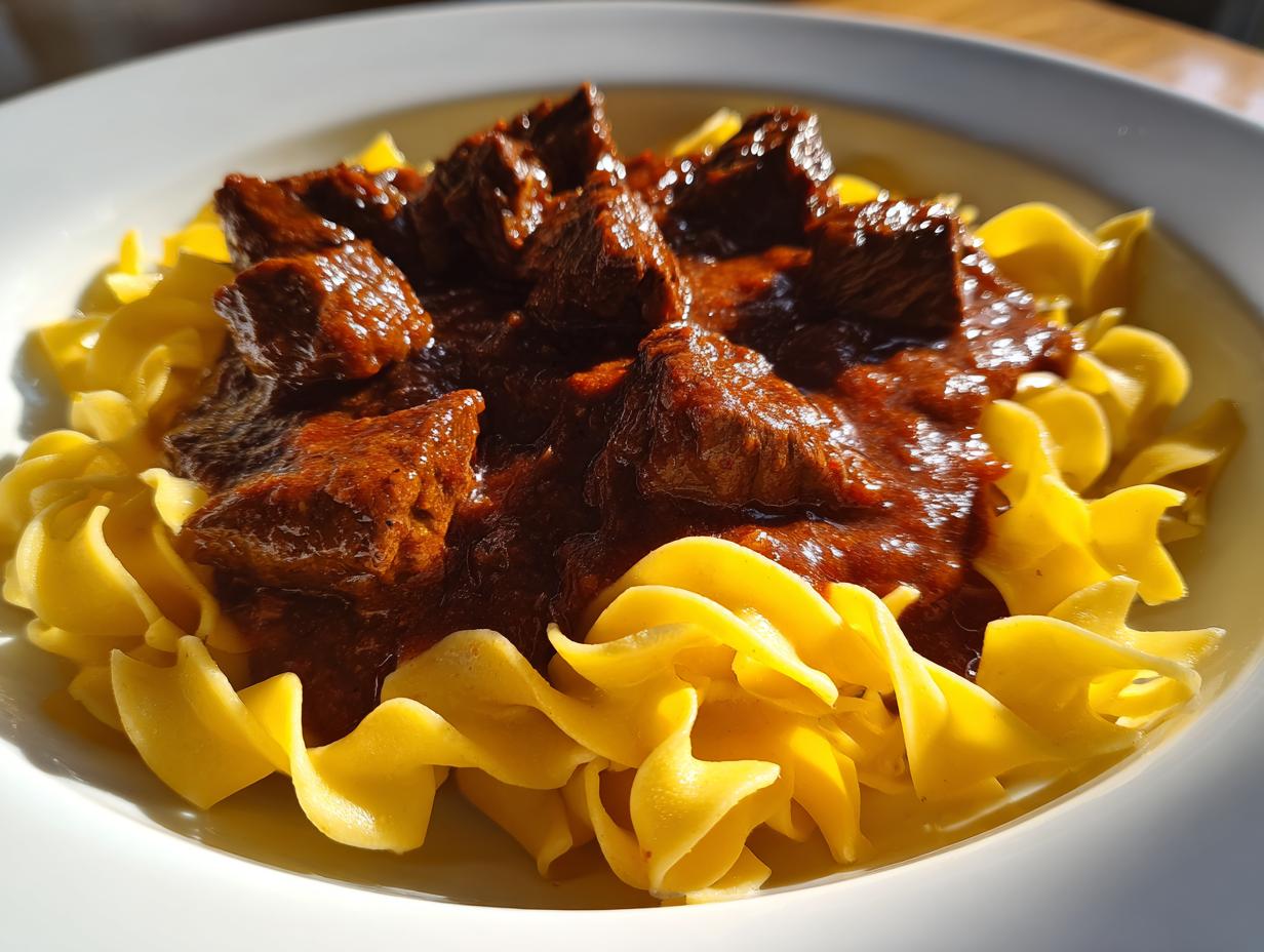 Nahaufnahme von zartem Gulasch mit Nudeln in einer weißen Schüssel, das Fleisch ist in dunkler Soße.