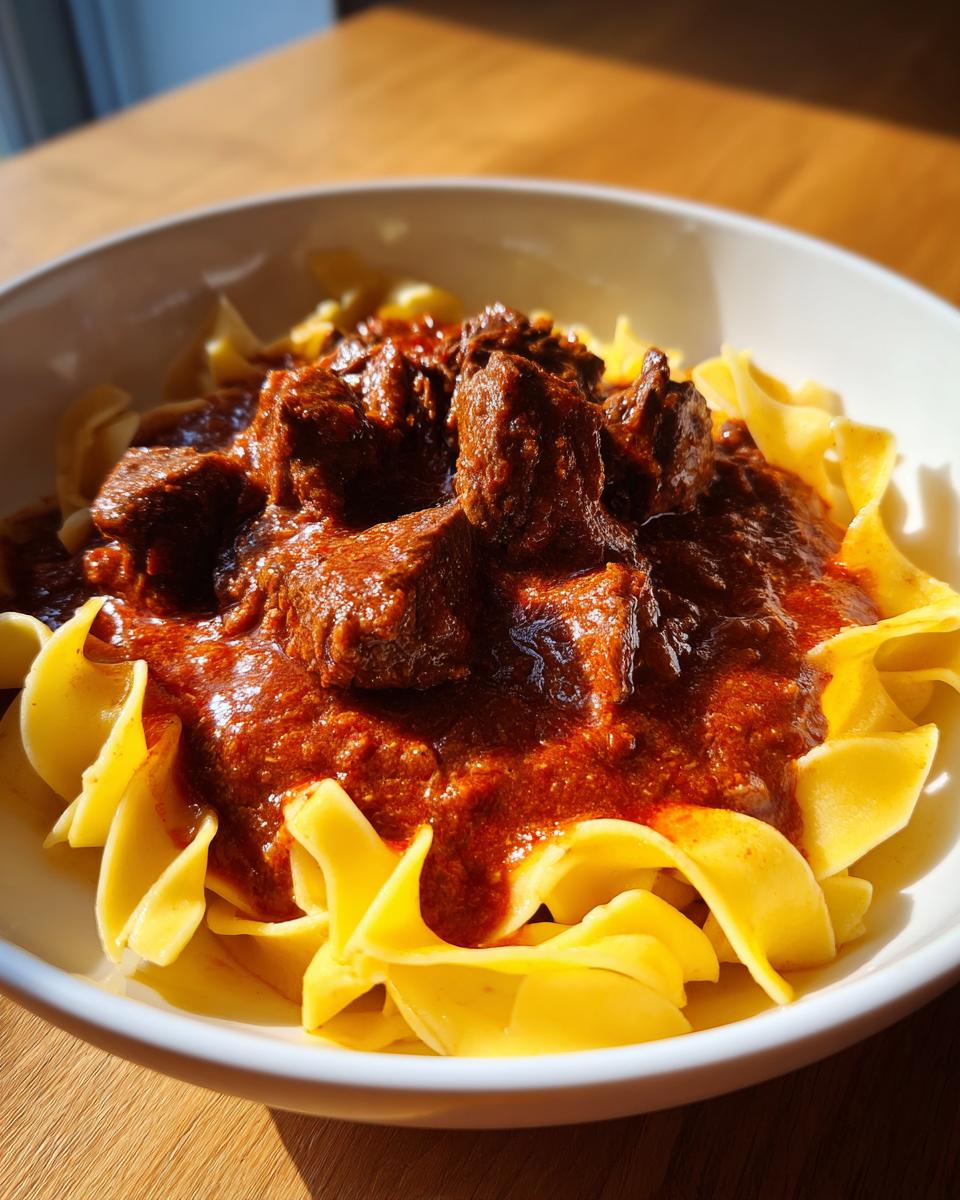 Nahaufnahme von saftigem Gulasch mit Nudeln, bedeckt mit einer tiefroten Soße.