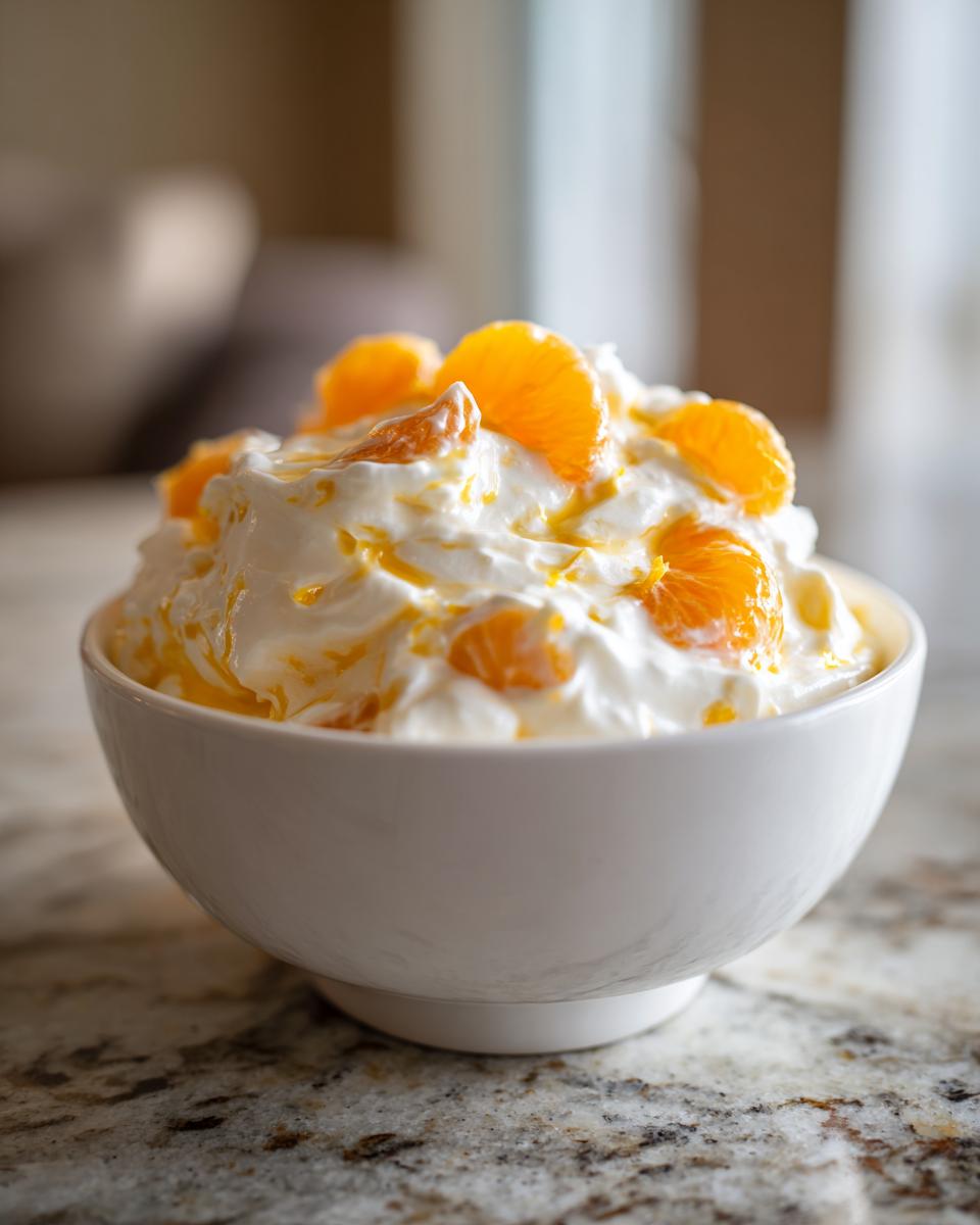 Nahaufnahme einer cremigen Quarkspeise mit Mandarinenstückchen in einer weißen Schale auf einer Granitplatte.
