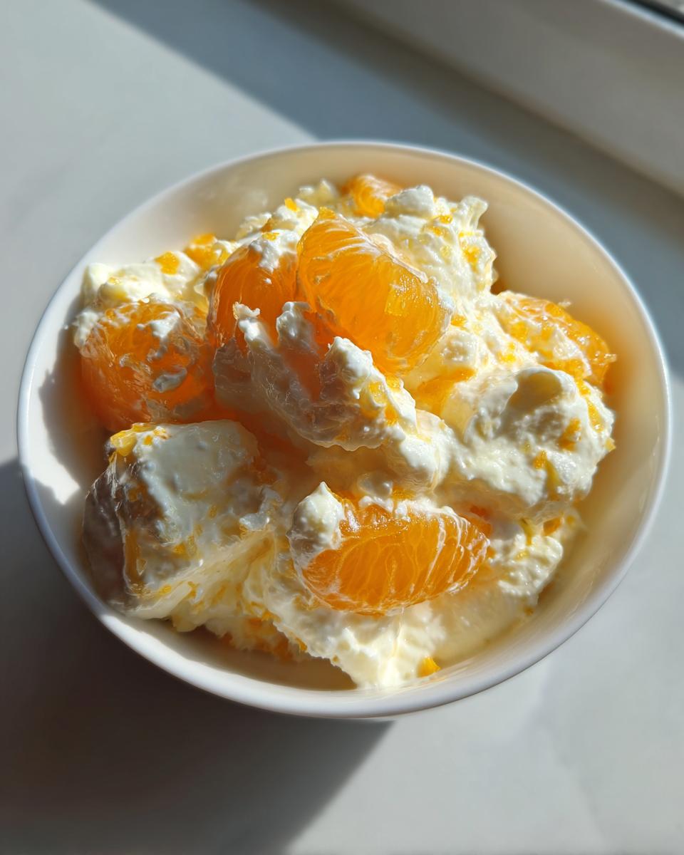 Nahaufnahme einer Schüssel mit cremiger Quarkspeise mit Mandarinenstücken, appetitlich im Sonnenlicht.