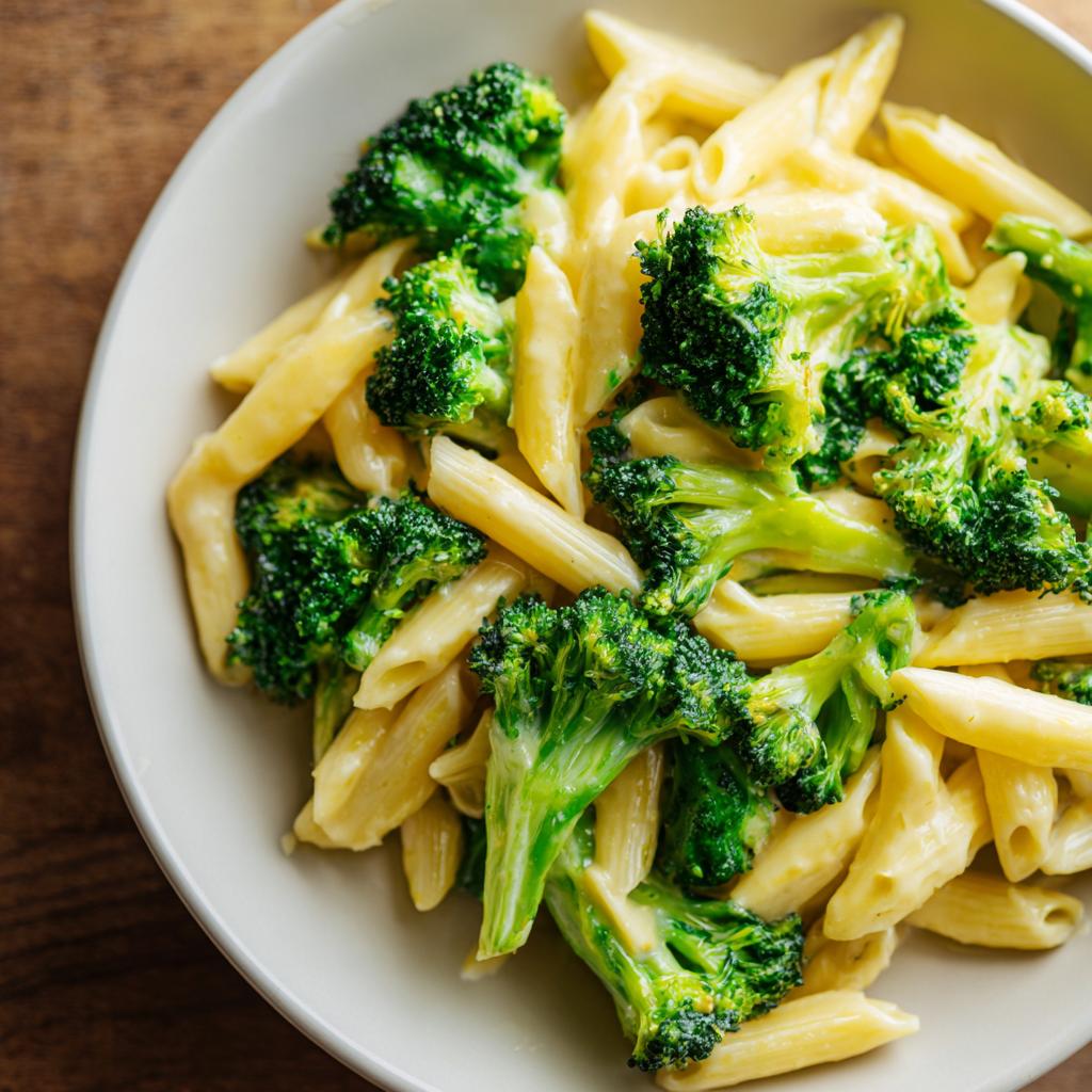 Nahaufnahme von cremiger Brokkoli-Käse-Pasta mit Penne und leuchtend grünen Brokkoliröschen.